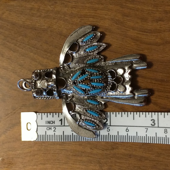 Vintage Southwestern Silver Tone Faux Turquoise Kachina Pendant - Picture 6 of 7